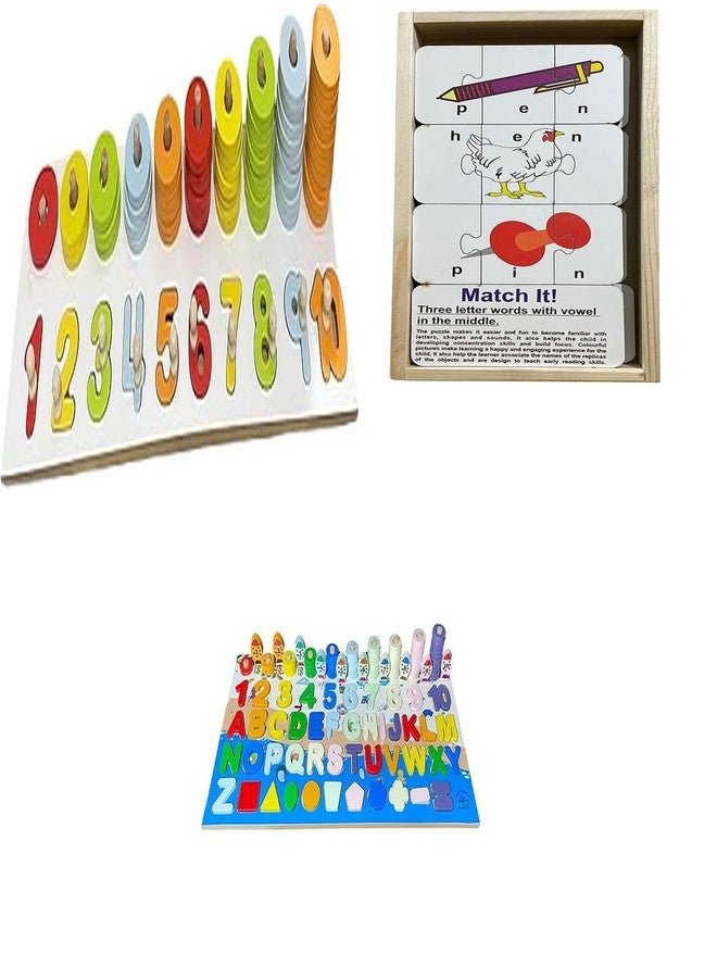 Kinder Creative Peg Number Ring Counting Set,3 Letter Word Puzzles,Alphabet & Numeric Magnetic Fishing Game, Educational Puzzle and Toys for Kids Pack of 3 - Image 1